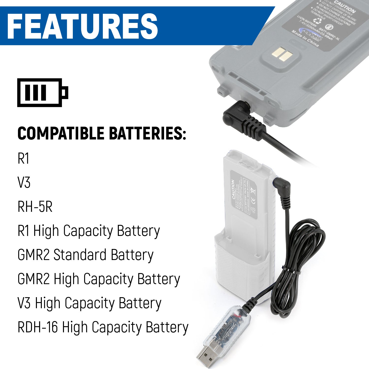 Photo of USB Charging Cable for R1 - V3 - GMR2 and GMR2 PLUS Handheld Radios by Rugged Radios - Premium for UTVs / Side by Sides