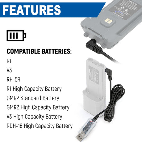 Photo of USB Charging Cable for R1 - V3 - GMR2 and GMR2 PLUS Handheld Radios by Rugged Radios - Premium for UTVs / Side by Sides