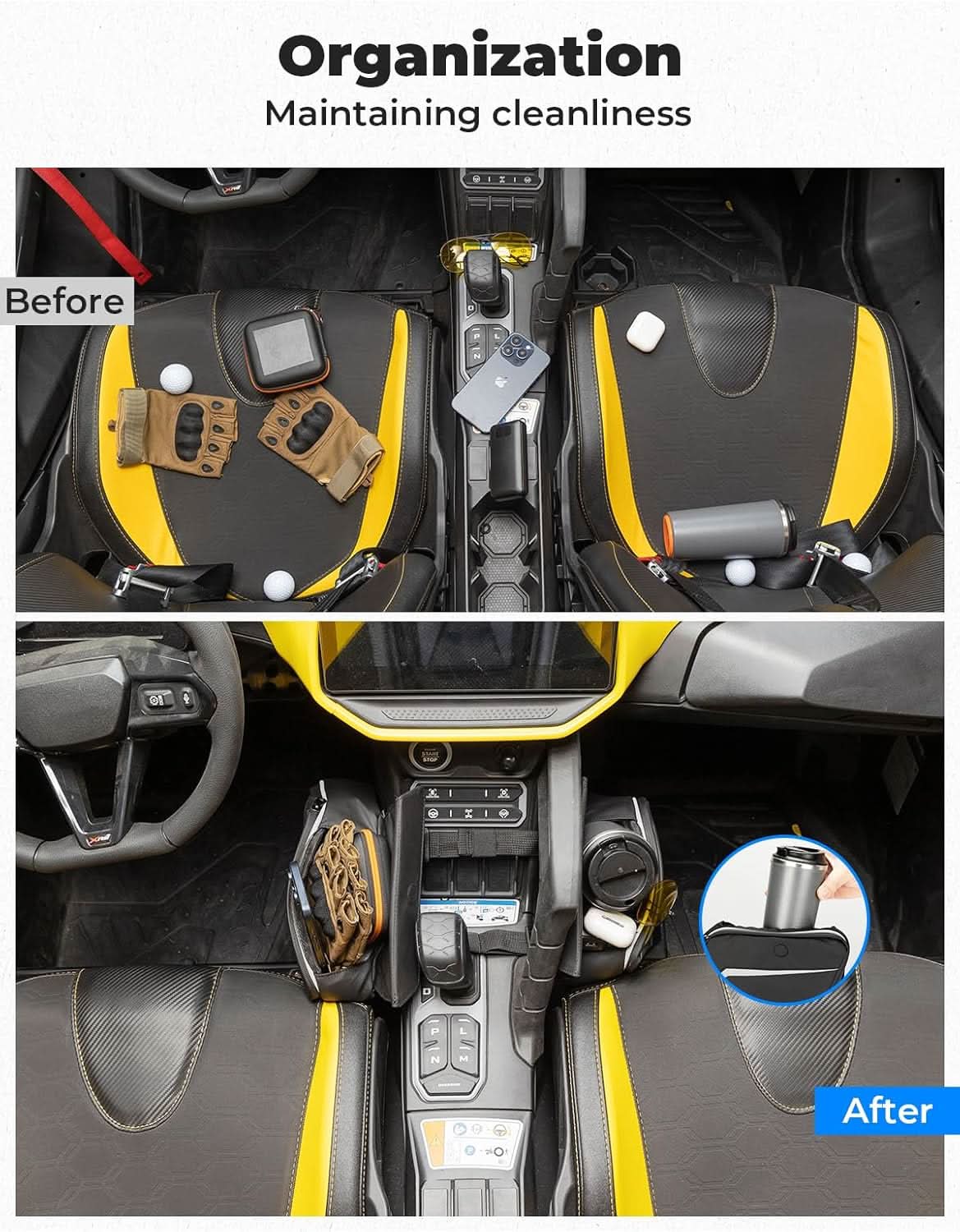 Photo of UTV Universal Center Console Bag for Can-Am, Polaris, Cfmoto, Honda by Kemimoto - Premium for UTVs / Side by Sides
