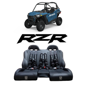 Polaris RZR graphic with a black bench seat and three harnesses