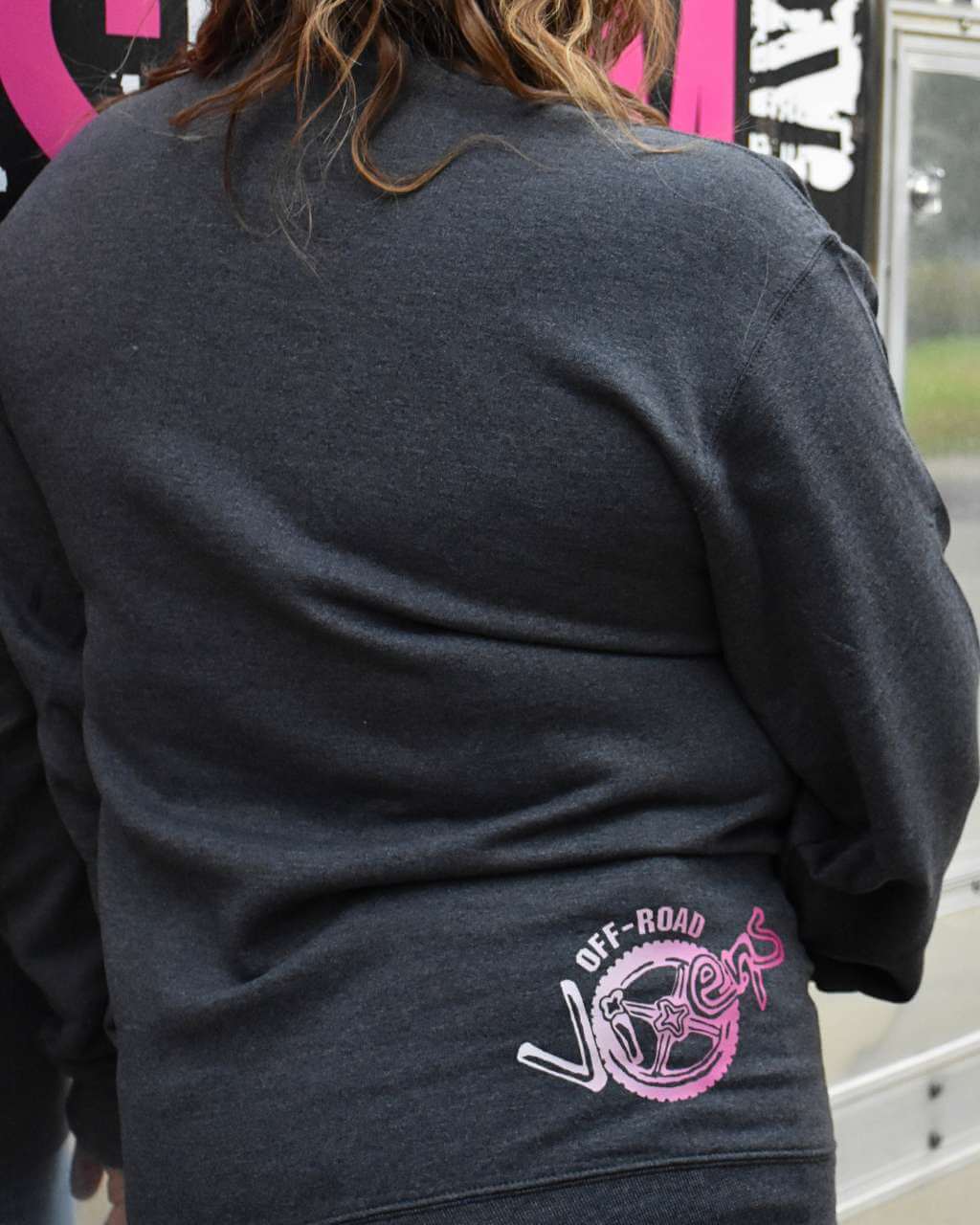 Photo of Pink Ribbon Unisex Pocket Crew Sweatshirt by OFF-ROAD VIXENS CLOTHING CO. - Premium Apparel & Accessories for UTVs / Side by Sides