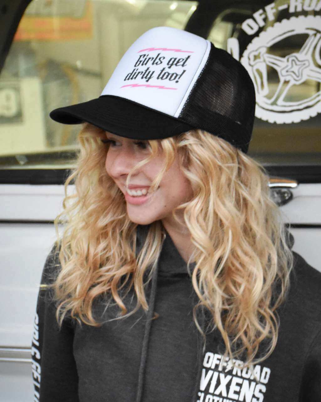 Photo of Lightning Trucker Hat - Black/White by OFF-ROAD VIXENS CLOTHING CO. - Premium Hats for UTVs / Side by Sides
