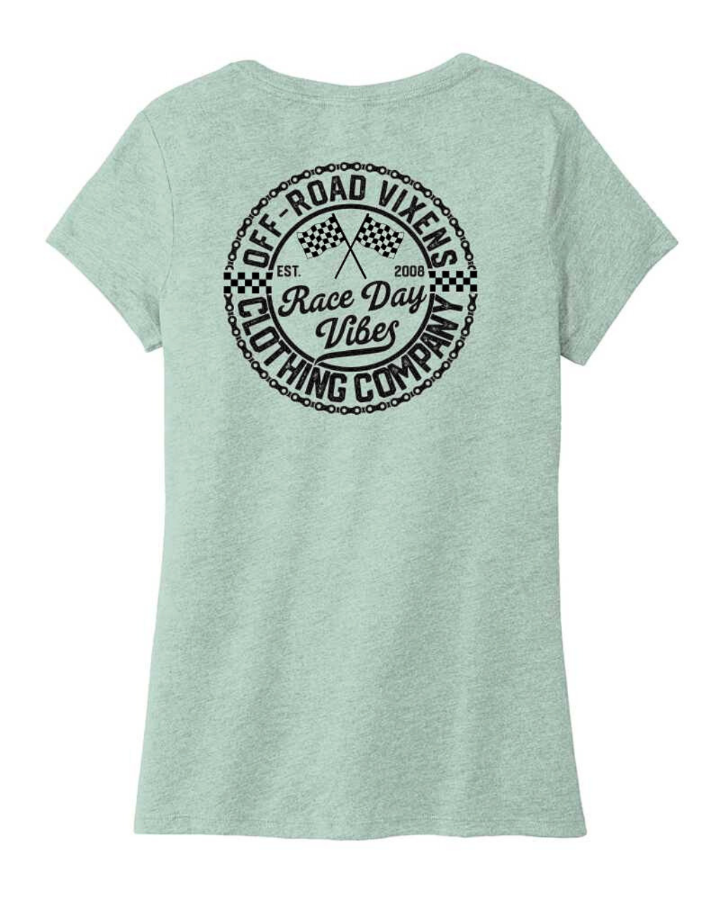 Photo of Race Day Vibes Ladies V Neck Tee by OFF-ROAD VIXENS CLOTHING CO. - Premium Apparel & Accessories for UTVs / Side by Sides