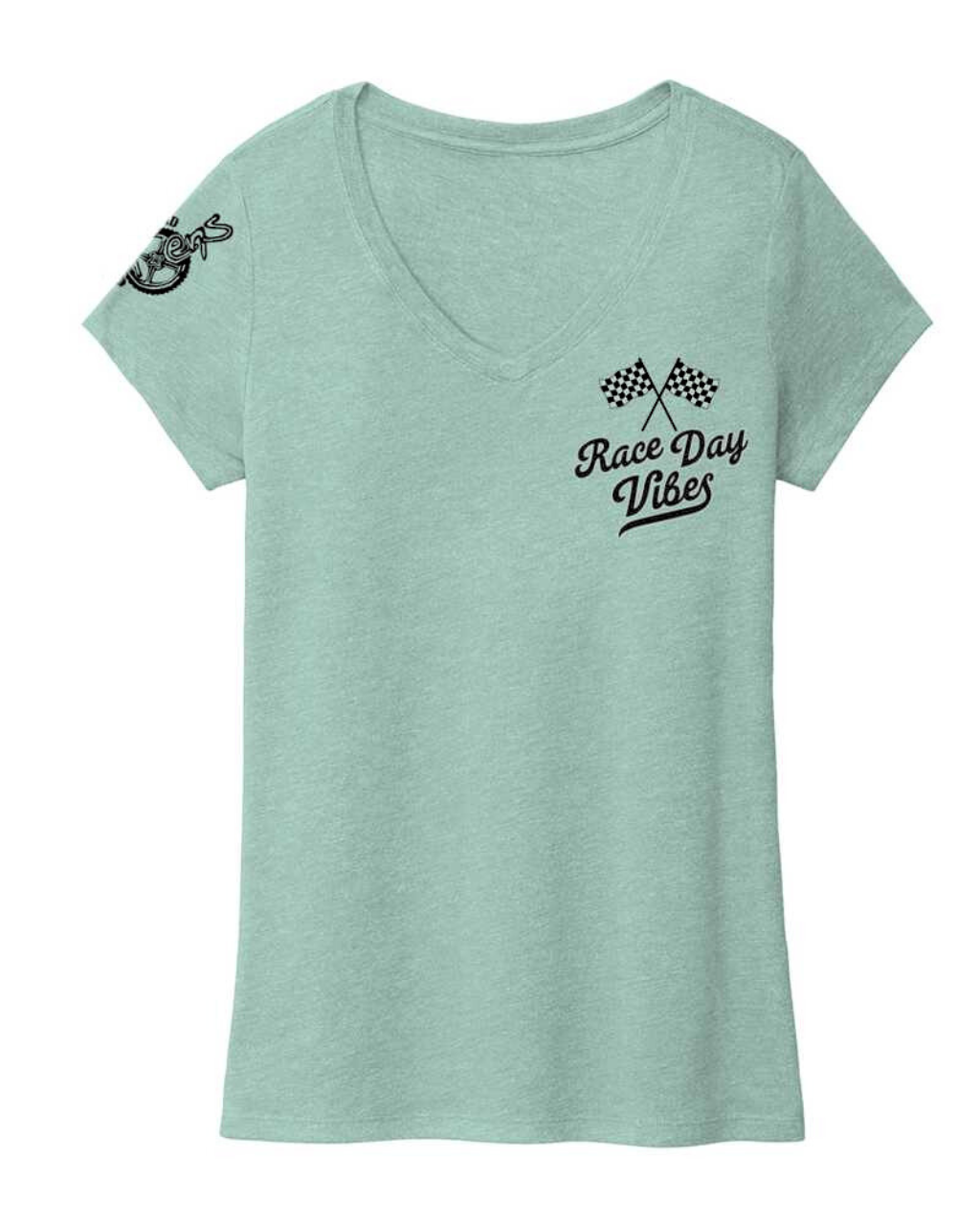 Photo of Race Day Vibes Ladies V Neck Tee by OFF-ROAD VIXENS CLOTHING CO. - Premium Apparel & Accessories for UTVs / Side by Sides