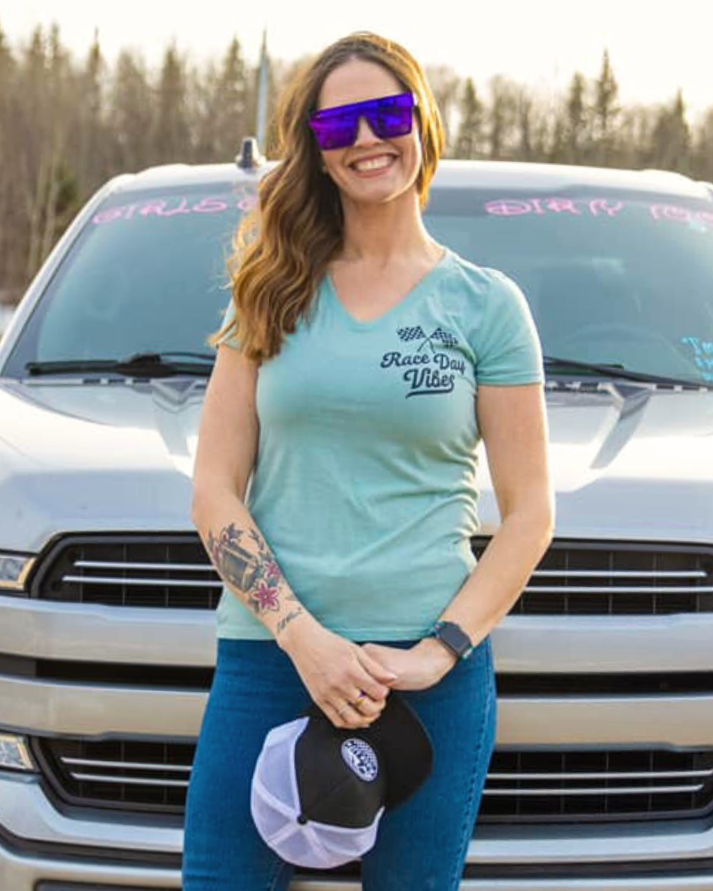 Photo of Race Day Vibes Ladies V Neck Tee by OFF-ROAD VIXENS CLOTHING CO. - Premium Apparel & Accessories for UTVs / Side by Sides