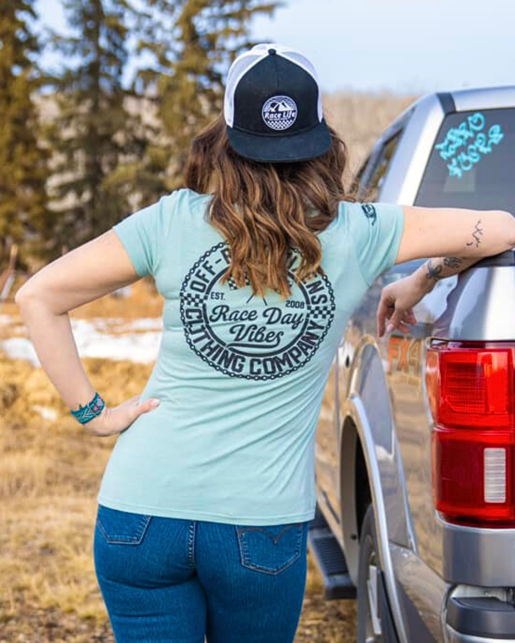 Photo of Race Day Vibes Ladies V Neck Tee by OFF-ROAD VIXENS CLOTHING CO. - Premium Apparel & Accessories for UTVs / Side by Sides