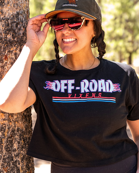 Photo of USA Hell on Wheels Cropped Tee by OFF-ROAD VIXENS CLOTHING CO. - Premium Ladies Tees for UTVs / Side by Sides