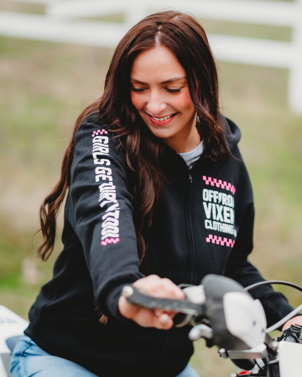 Photo of Checked Out Unisex Zip Hoodie - Black by OFF-ROAD VIXENS CLOTHING CO. - Premium Ladies Hoodies for UTVs / Side by Sides