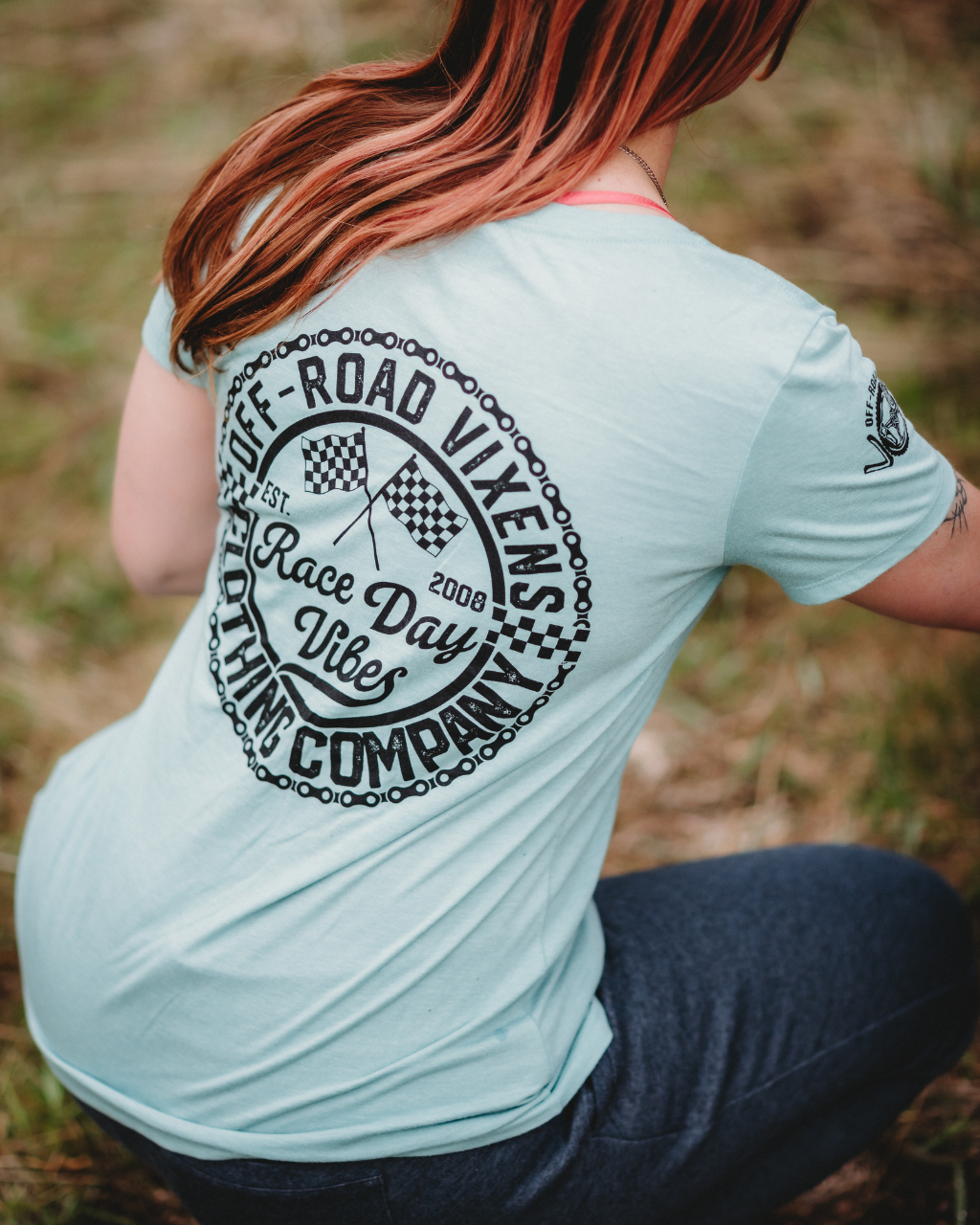 Photo of Race Day Vibes Ladies V Neck Tee by OFF-ROAD VIXENS CLOTHING CO. - Premium Apparel & Accessories for UTVs / Side by Sides