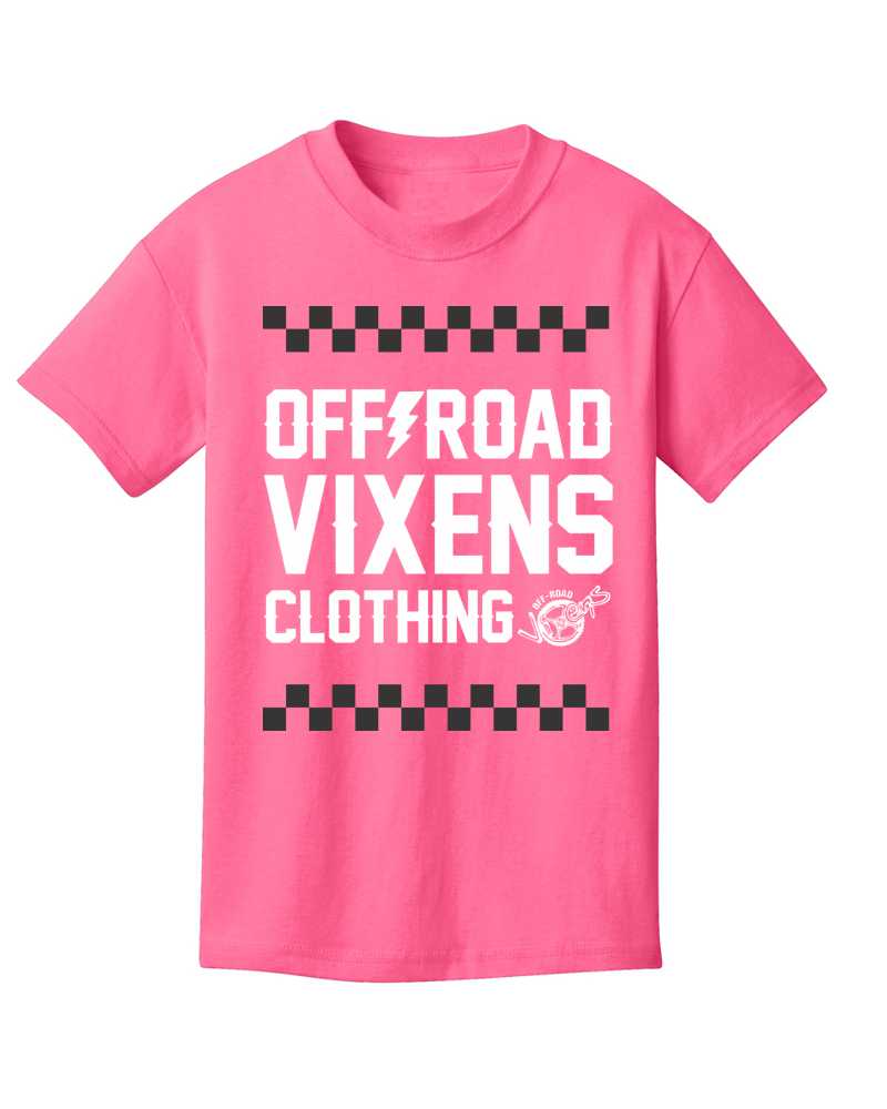Photo of Youth Checked out Tee - Neon Pink by OFF-ROAD VIXENS CLOTHING CO. - Premium Youth for UTVs / Side by Sides