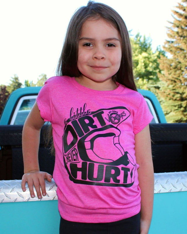 Photo of A Little Dirt Never Hurt Youth Tee Pink by OFF-ROAD VIXENS CLOTHING CO. - Premium Youth for UTVs / Side by Sides