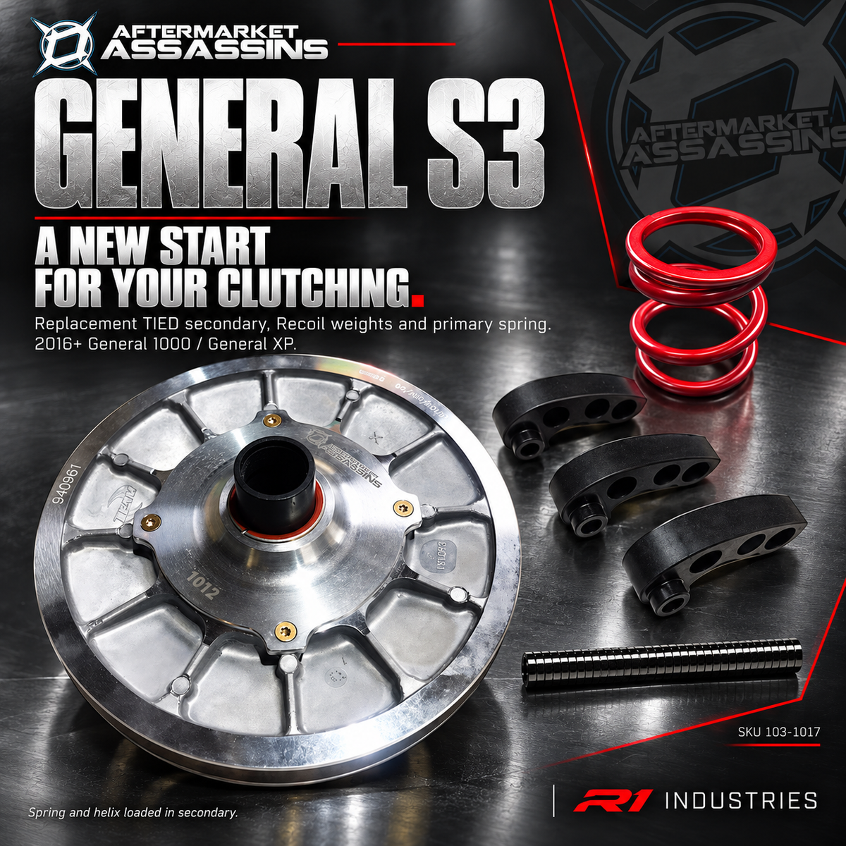 Aftermarket Assassins Polaris General S3 clutch kit 103-1017 with TIED secondary, three weights, spring and magnets