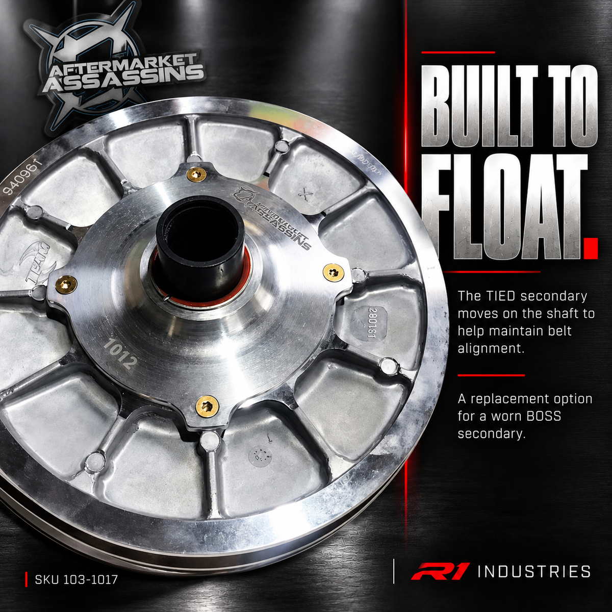 Cropped TIED floating secondary clutch detail for Polaris General S3 kit 103-1017