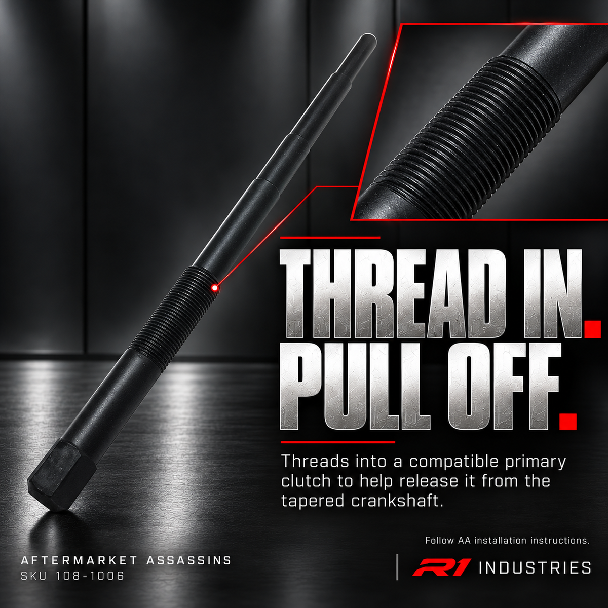 Aftermarket Assassins primary clutch puller 108-1006 showing the threaded shaft and clutch removal operation
