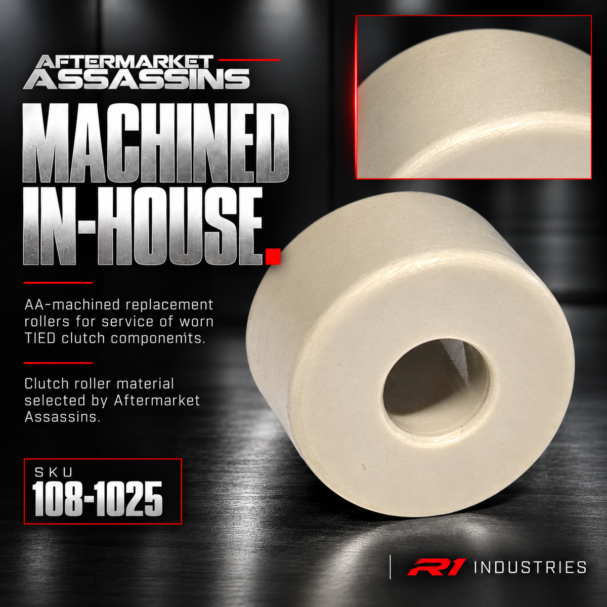 AA-machined TIED clutch roller 108-1025 shoulder and bore detail