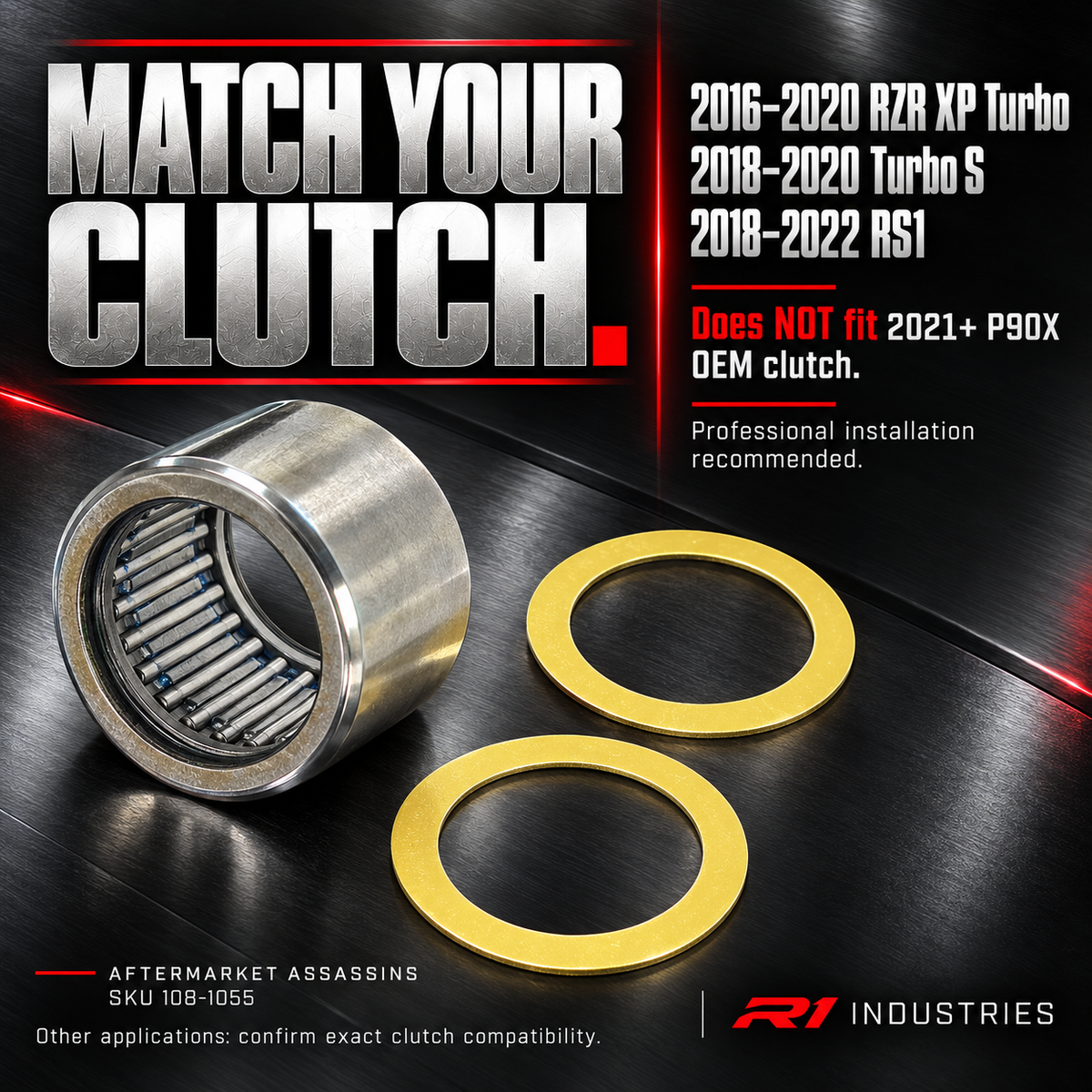 Aftermarket Assassins 108-1055 bearing and washer kit with Polaris clutch compatibility guide and P90X OEM clutch exclusion
