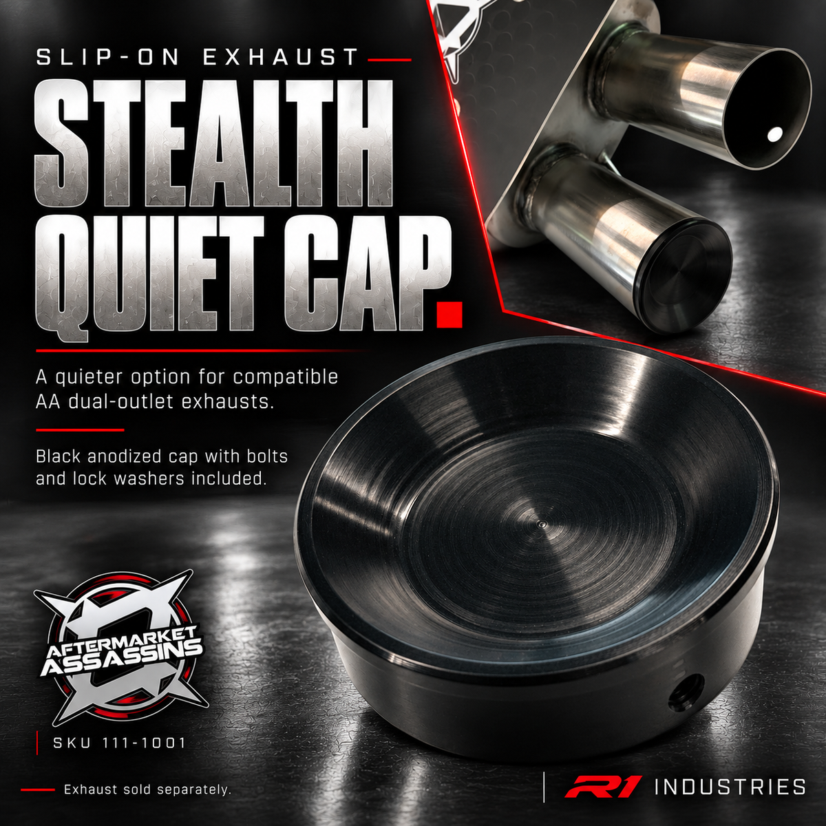 Aftermarket Assassins Stealth Quiet Cap 111-1001 overview with exhaust installation inset