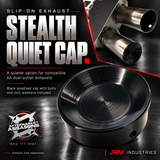 Aftermarket Assassins Stealth Quiet Cap 111-1001 overview with exhaust installation inset