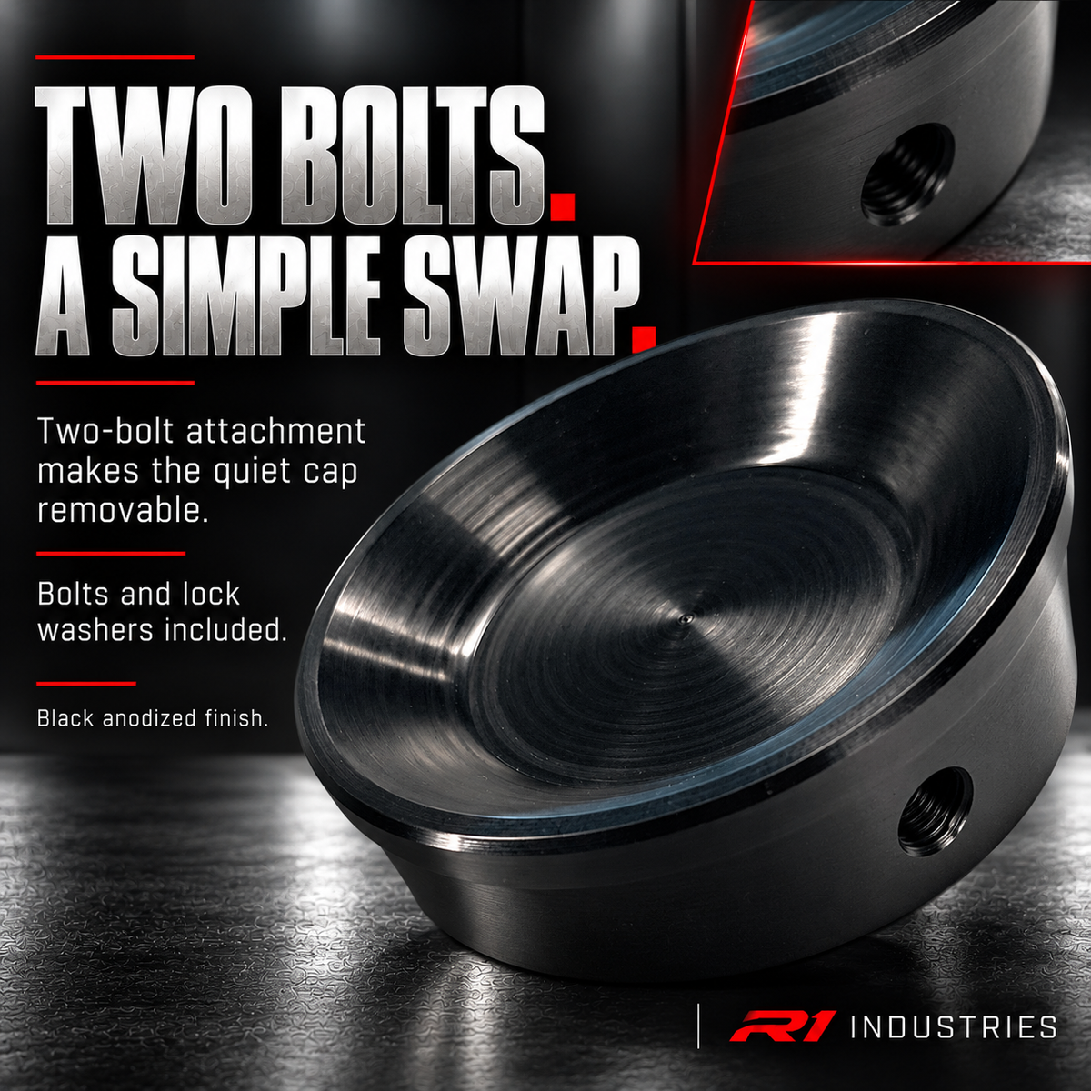Black anodized quiet cap 111-1001 mounting-hole detail and two-bolt attachment