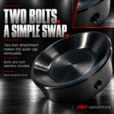 Black anodized quiet cap 111-1001 mounting-hole detail and two-bolt attachment