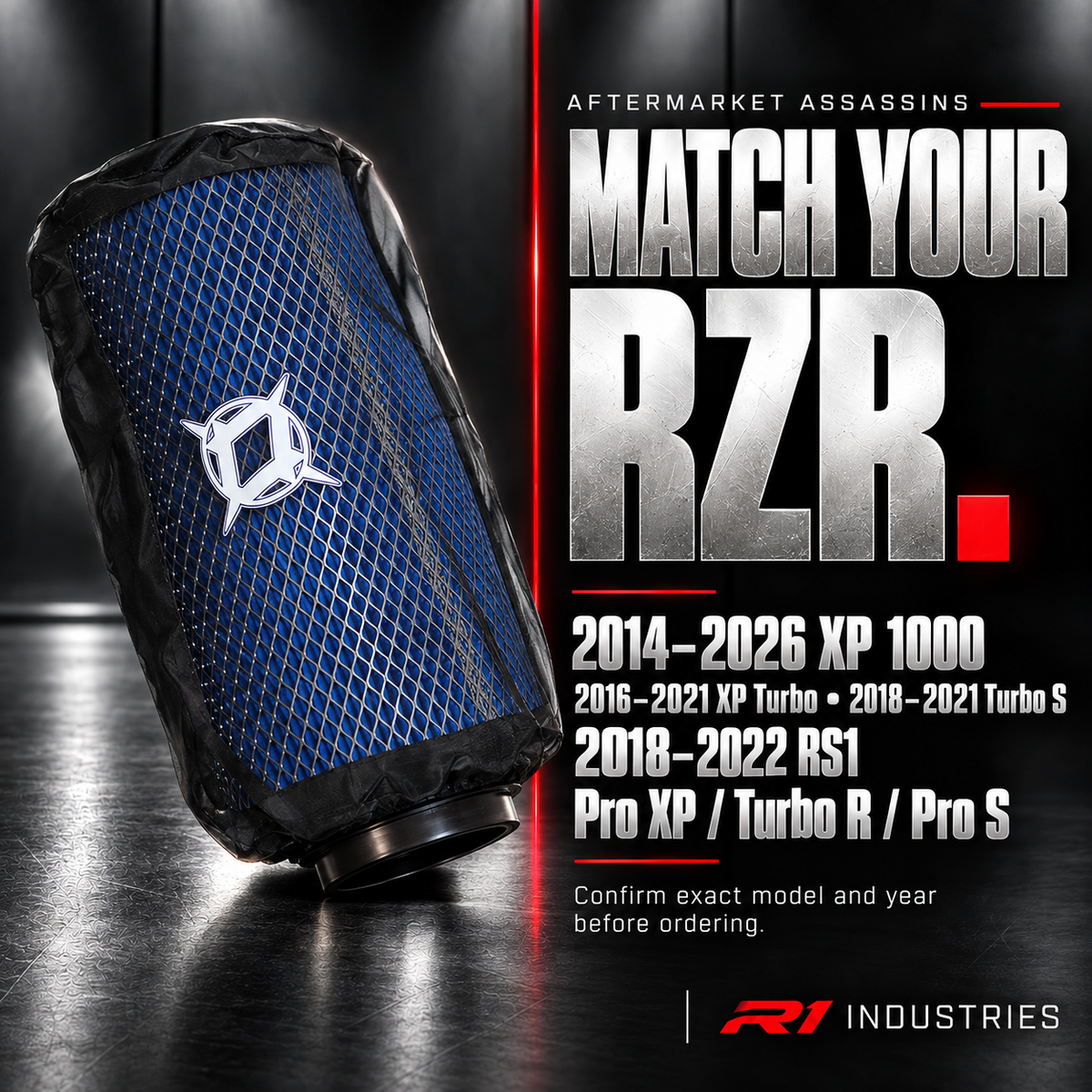 Polaris RZR oil-free air filter compatibility guide for listed XP 1000, Turbo, Turbo S, RS1, Pro XP, Turbo R and Pro S models
