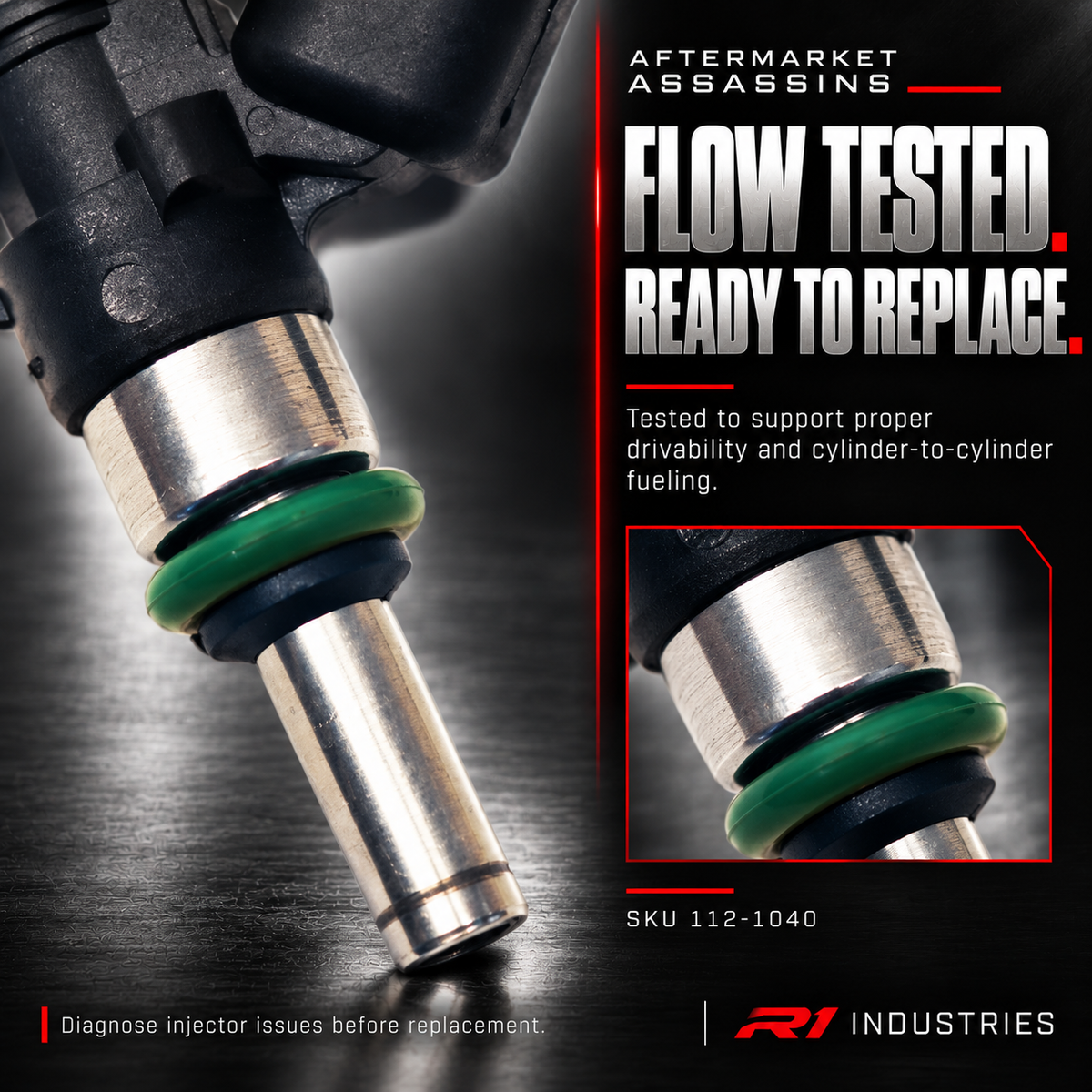 Flow-tested injector 112-1040 lower-body and seal detail