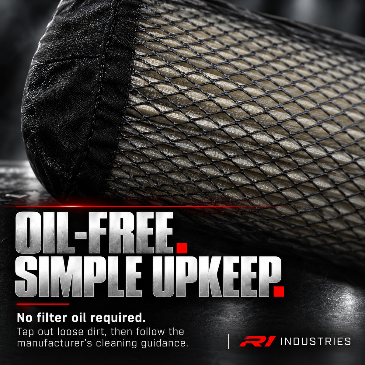 Can-Am oil-free filter fabric and mesh detail with maintenance guidance