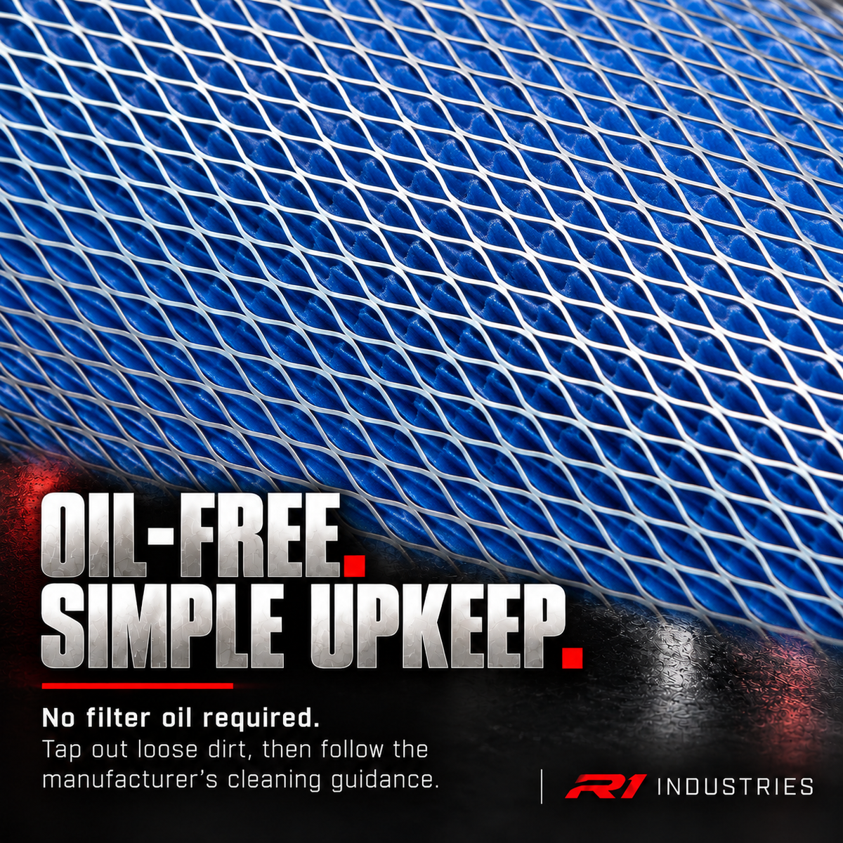 Blue filter and mesh detail with oil-free upkeep guidance