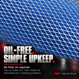 Blue filter and mesh detail with oil-free upkeep guidance