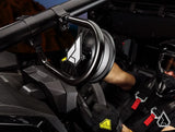 Assault Insurgent round side mirror mounted on a UTV roll cage