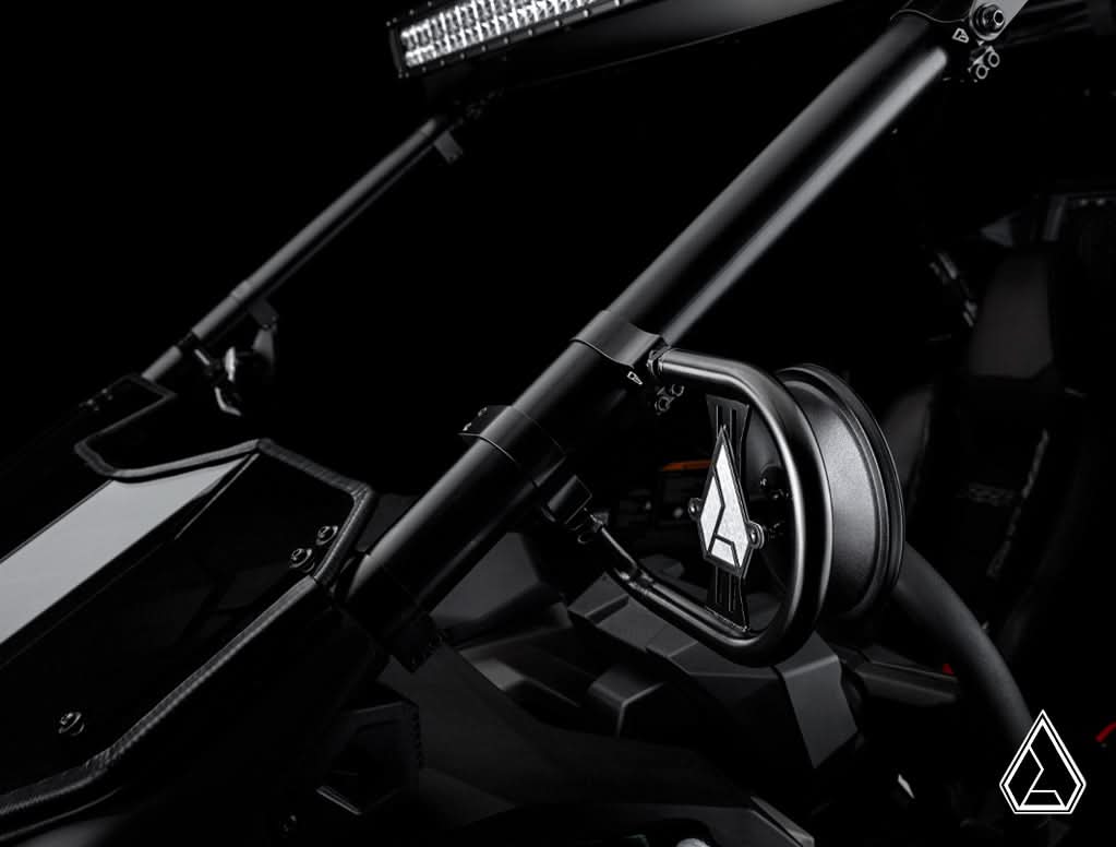 Angled view of Assault Insurgent round mirror on roll cage