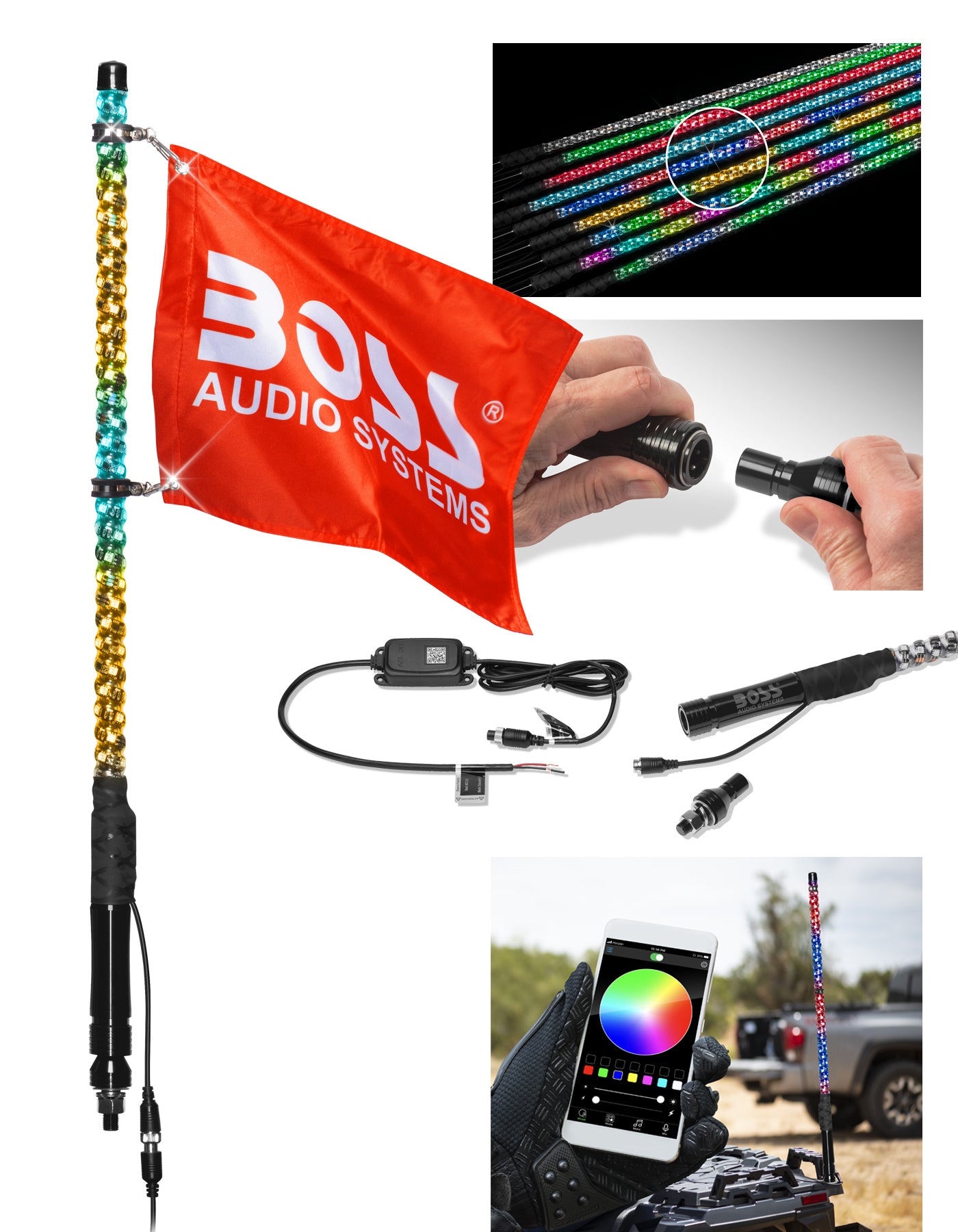 Photo of BOSS AUDIO 2' RGB LED WHIP W/ BLUETOOTH CONTROLLER by BOSS AUDIO - Premium Protective/Safety for UTVs / Side by Sides