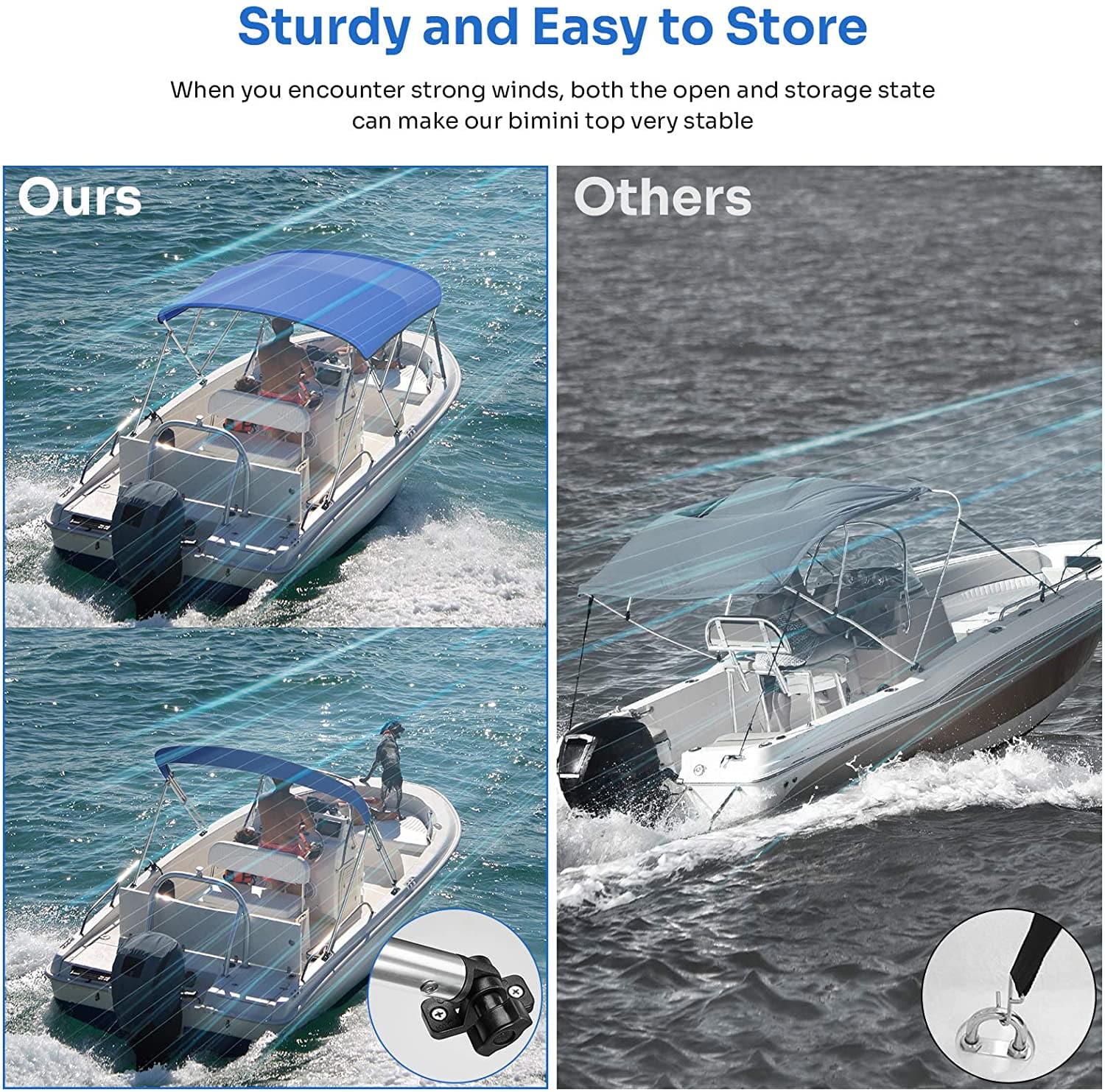 Photo of 3 Bow Bimini Top for Boat by Kemimoto - Premium for UTVs / Side by Sides