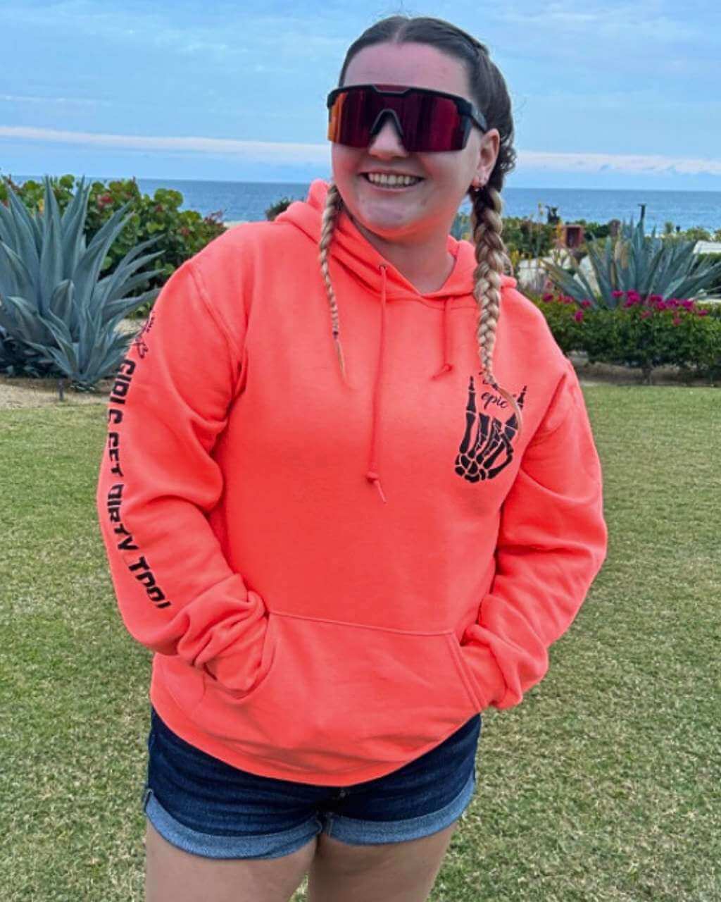 Photo of Be Epic Pullover Neon Coral by OFF-ROAD VIXENS CLOTHING CO. - Premium Ladies Hoodies for UTVs / Side by Sides