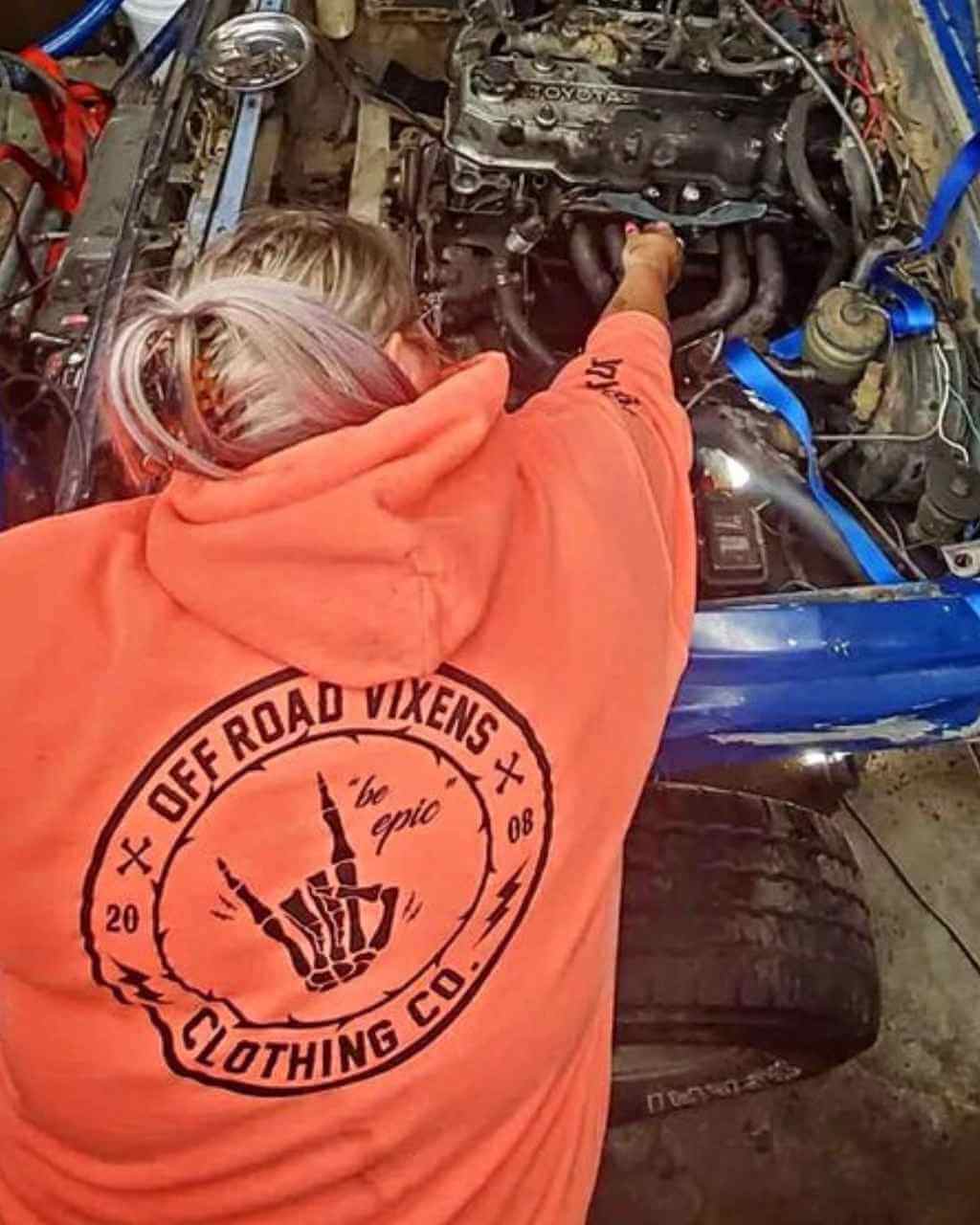 Photo of Be Epic Pullover Neon Coral by OFF-ROAD VIXENS CLOTHING CO. - Premium Ladies Hoodies for UTVs / Side by Sides
