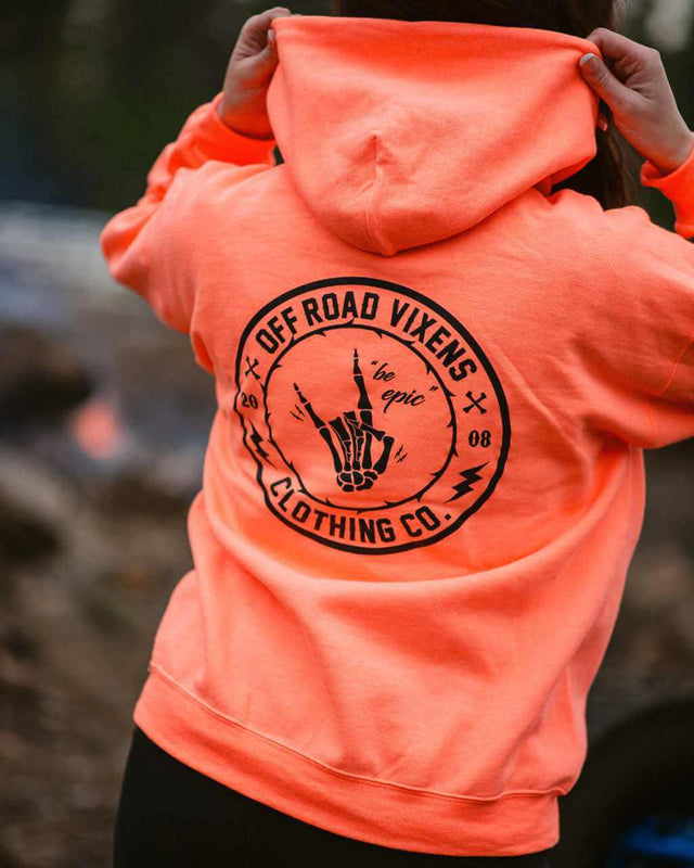 Photo of Be Epic Pullover Neon Coral by OFF-ROAD VIXENS CLOTHING CO. - Premium Ladies Hoodies for UTVs / Side by Sides