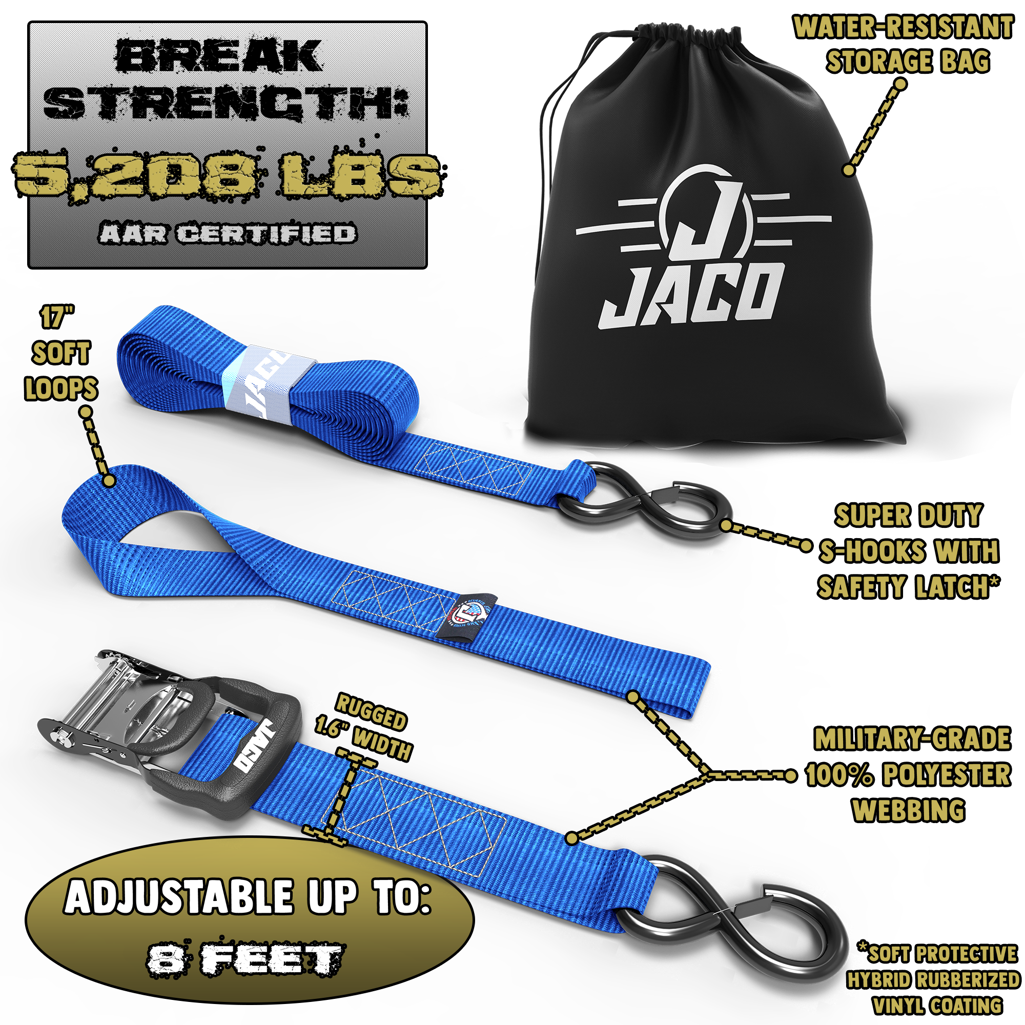 Photo of Heavy Duty Ratchet Tie Down Straps with Soft Loops (1.6" x 8 ft) | AAR Certified Break Strength (5,208 lbs) by JACO - Premium Tie Downs for UTVs / Side by Sides
