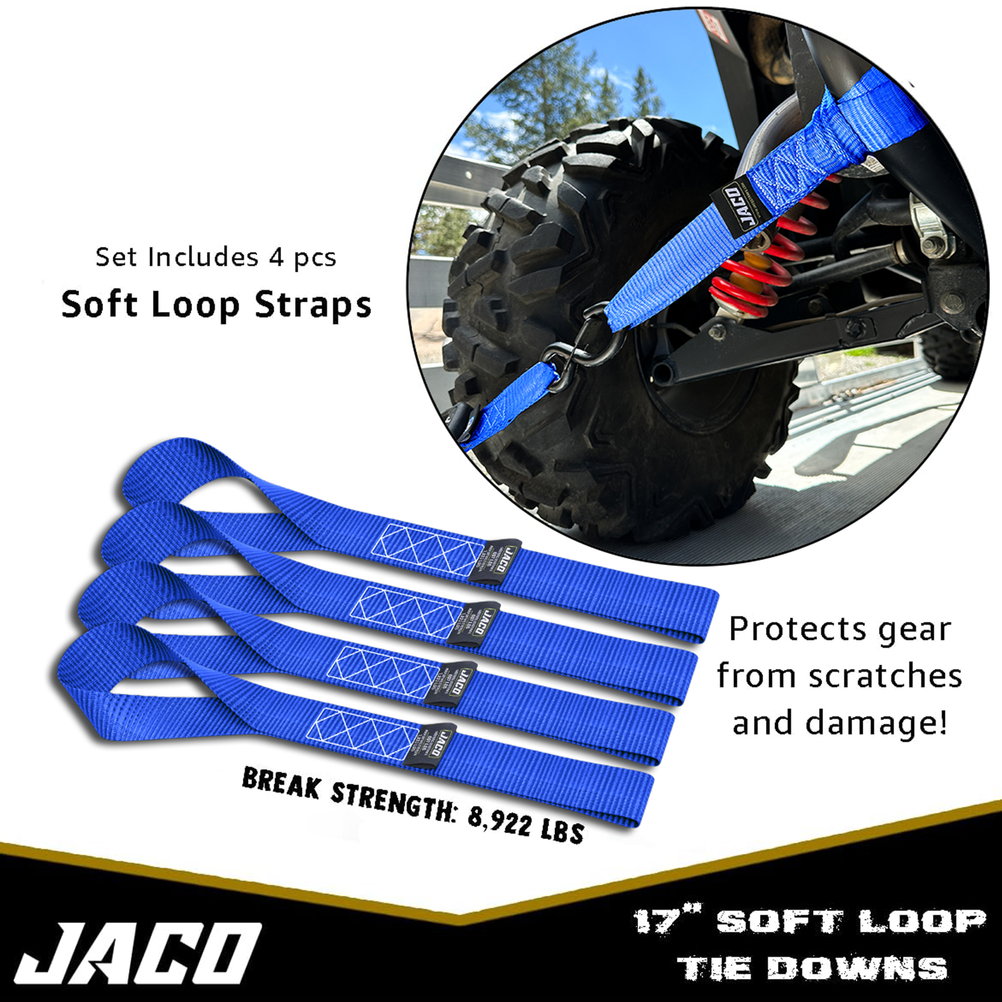 Photo of Heavy Duty Ratchet Tie Down Straps with Soft Loops (1.6" x 8 ft) | AAR Certified Break Strength (5,208 lbs) by JACO - Premium Tie Downs for UTVs / Side by Sides