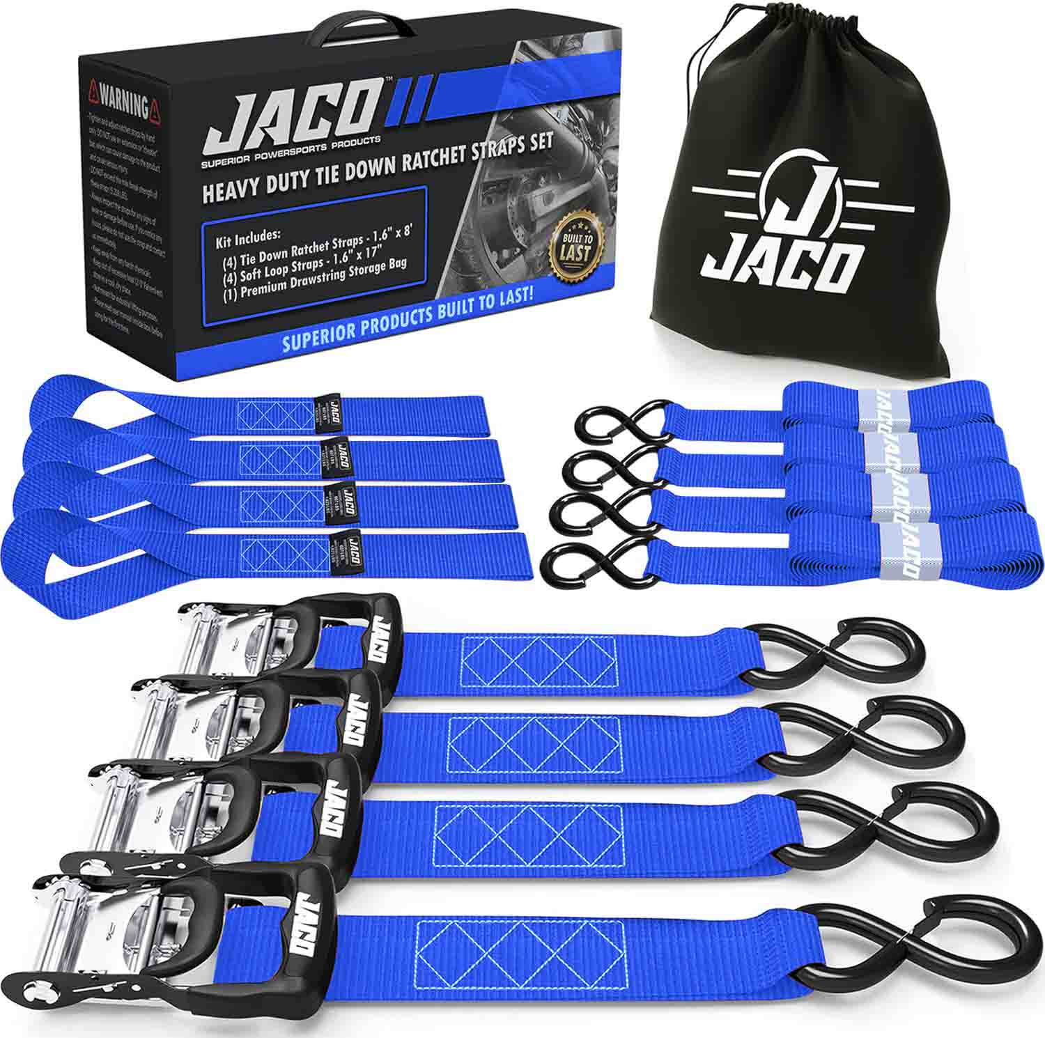 Photo of Heavy Duty Ratchet Tie Down Straps with Soft Loops (1.6" x 8 ft) | AAR Certified Break Strength (5,208 lbs) by JACO - Premium Tie Downs for UTVs / Side by Sides