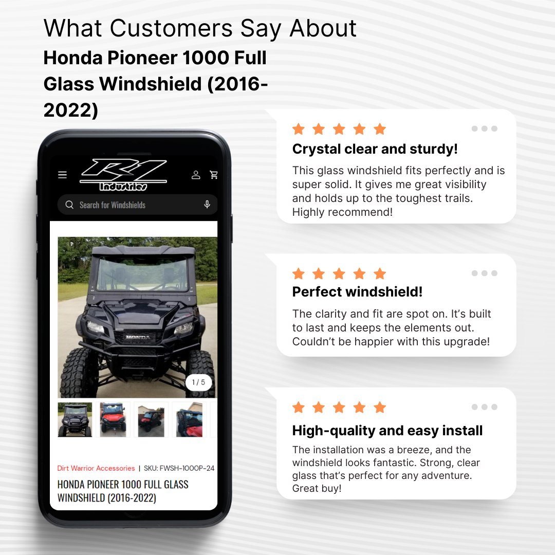 Photo of Honda Pioneer 1000 Full Glass Windshield (2016-2022) by Dirt Warrior Accessories - Premium Windshields for UTVs / Side by Sides