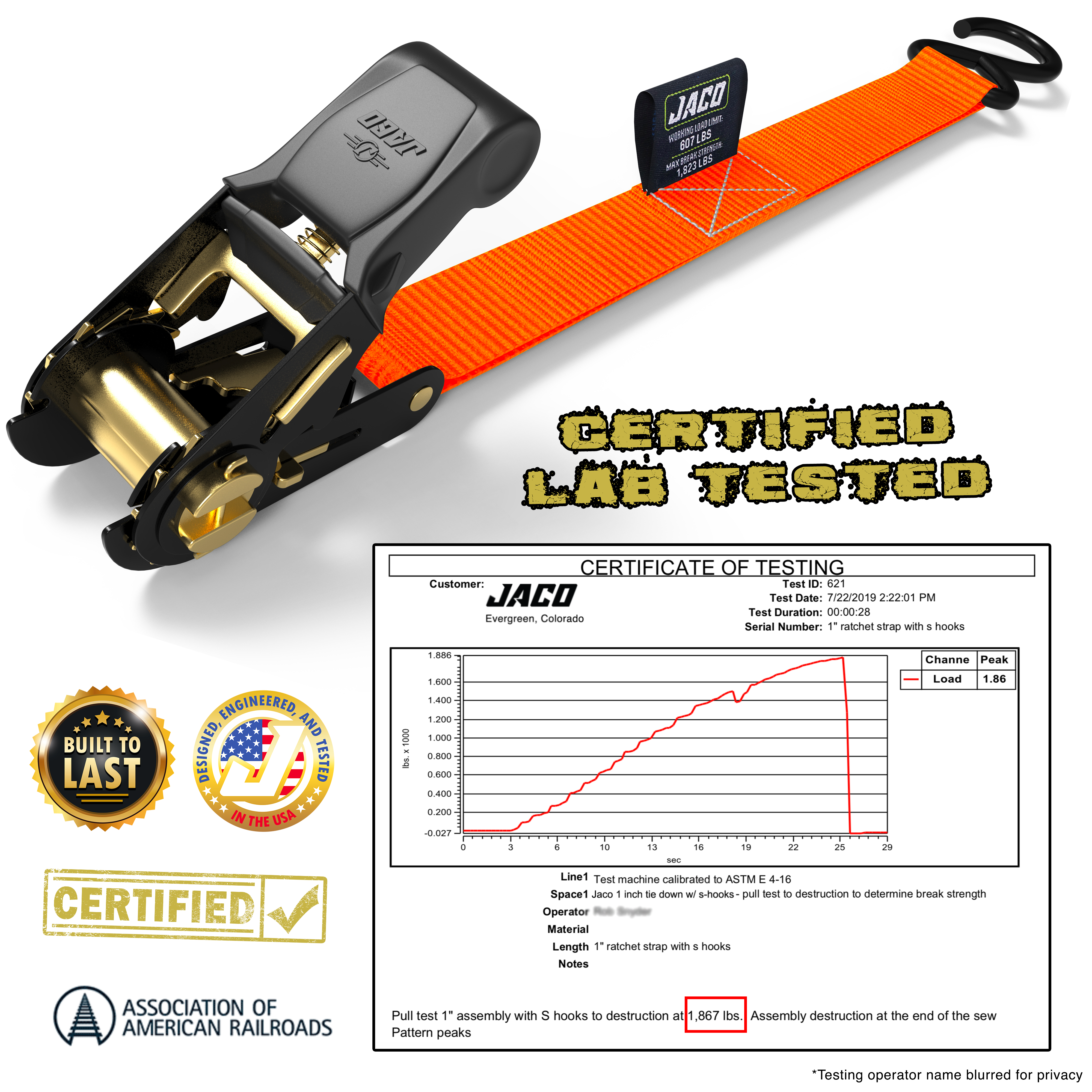 Photo of Tie Down Ratchet Straps (4 Pack) - 1 in x 15 ft | AAR Certified Break Strength (1,823 lbs) | Cargo Tie Down Set by JACO - Premium Tie Downs for UTVs / Side by Sides