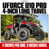 SuperATV UForce U10 Pro long travel kit — installed vehicle and 4-inch-per-side width increase