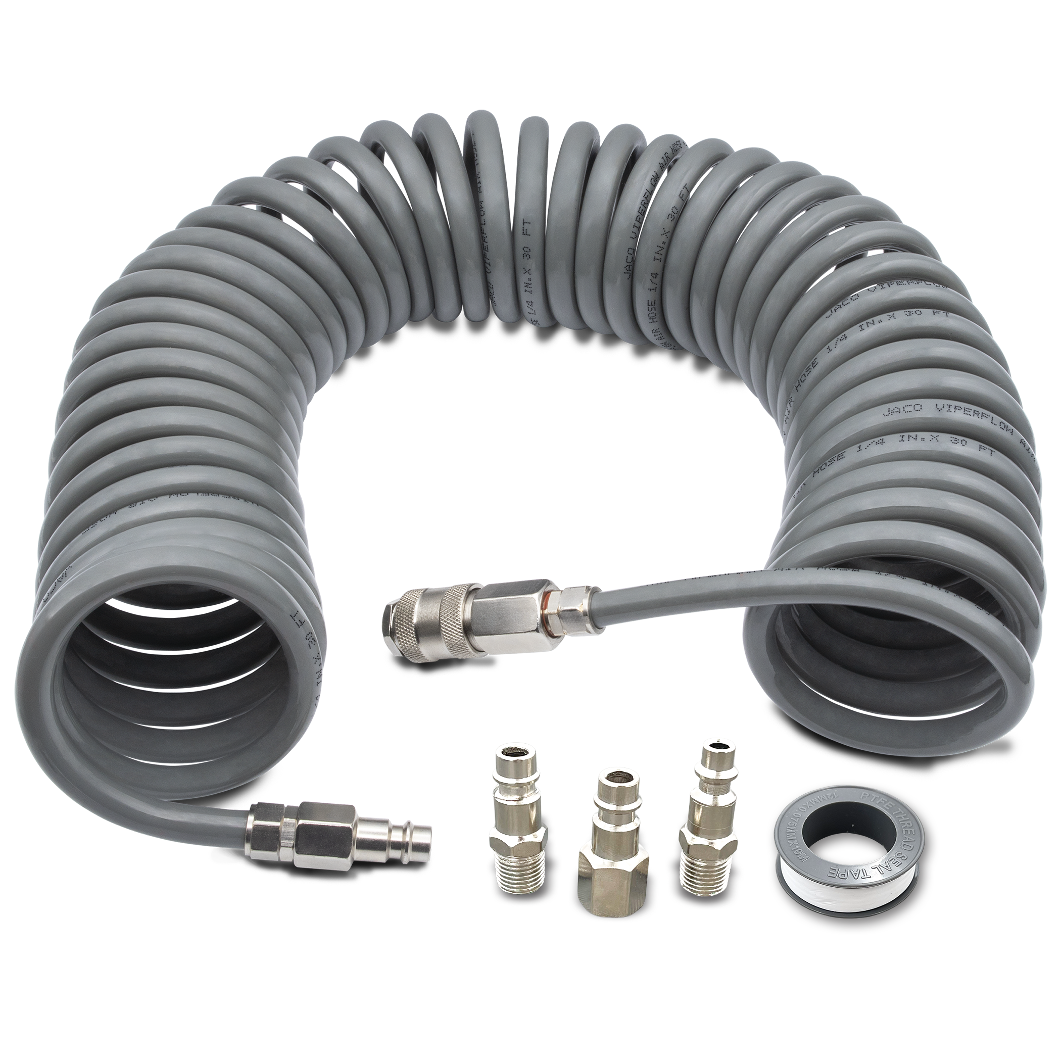 Photo of Polyurethane Coiled Air Hose Kit - 1/4" x 30 ft | with Air Compressor Fittings by JACO - Premium Air Hose for UTVs / Side by Sides