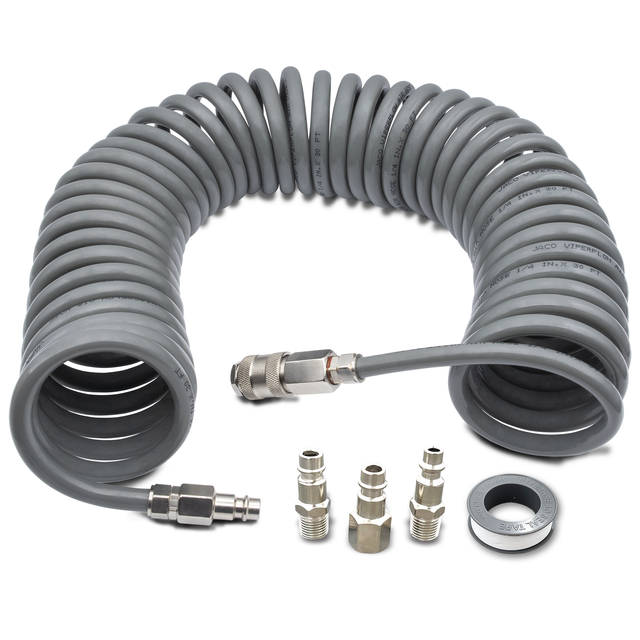 Photo of Polyurethane Coiled Air Hose Kit - 1/4" x 30 ft | with Air Compressor Fittings by JACO - Premium Air Hose for UTVs / Side by Sides