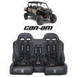 Black three-person UTV bench seat with harnesses and Can-Am vehicle inset
