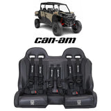 Black three-person UTV bench seat with harnesses and Can-Am vehicle inset