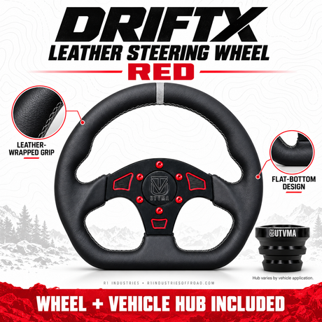 Red UTVMA DriftX steering wheel with black leather flat-bottom grip and included vehicle hub, red accent details. Hub varies by selected vehicle.