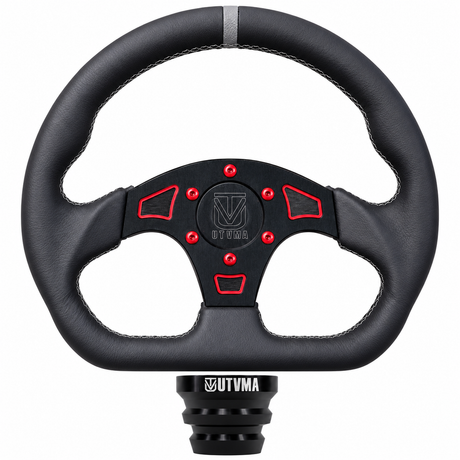 Red UTVMA DriftX steering wheel with black leather flat-bottom grip and included vehicle hub, red accent details. Hub varies by selected vehicle.
