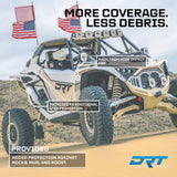 DRT ABS fenders installed on a Polaris RZR Pro Series in the dunes, with coverage and debris-protection feature callouts.