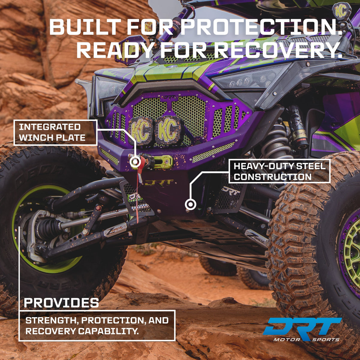 Front Winch Bumper for Polaris RZR Pro R / Turbo R 2020-2024 installed, with DRT manufacturer feature callouts; additional accessories may be shown.